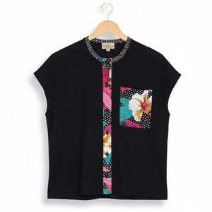 Obenna Vintage Black Floral Accent Top Button Down Short Sleeve